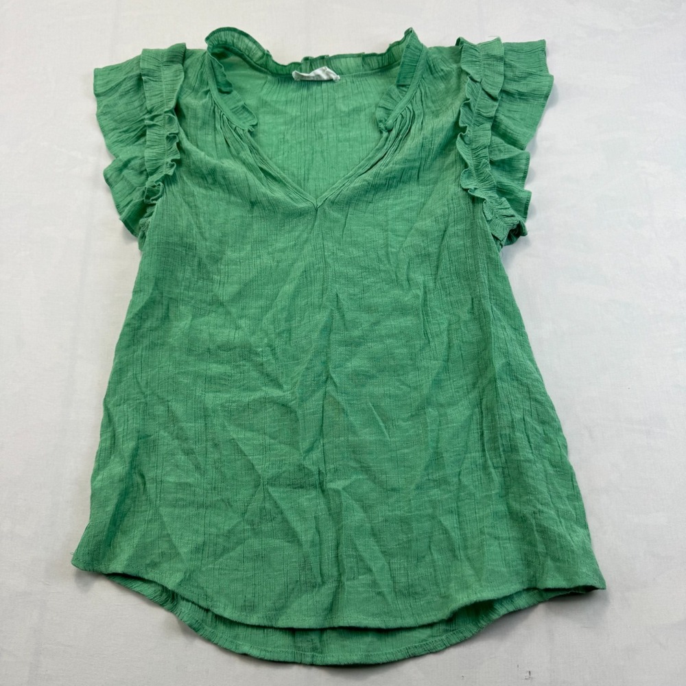 Blu Pepper Blouse Top Womens Medium Green Ruffle Sleeve V-Neck Textured Pullover